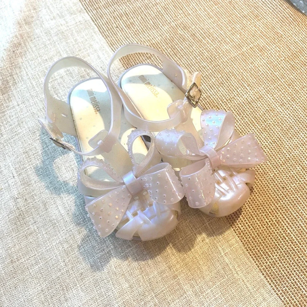 Mini Melissa Aranha Pearlescent Pink Jelly Bow Sandals Girls Size 11 EU 28 29